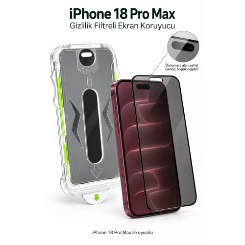 iPhone 18 Pro Max Ekran Koruyucu Aparatlı Gizlilik Filtreli Cam Koruyucu