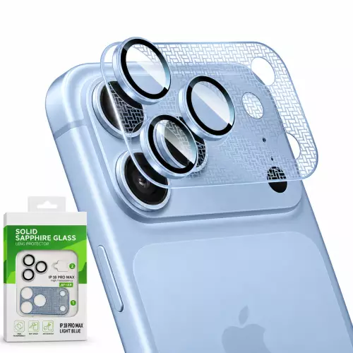 iPhone 18 Pro Max Uyumlu Safir Cam Kamera Lens ve Çerçeve Koruyucu Set – Açık Mavi Light Blue
