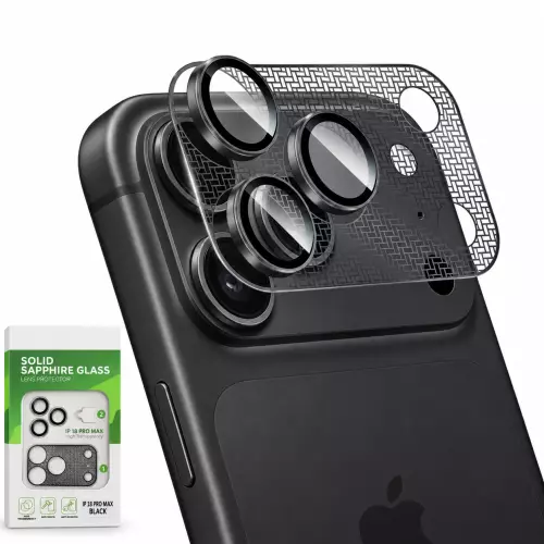 iPhone 18 Pro Max Uyumlu Safir Cam Kamera Lens ve Çerçeve Koruyucu Set – Siyah